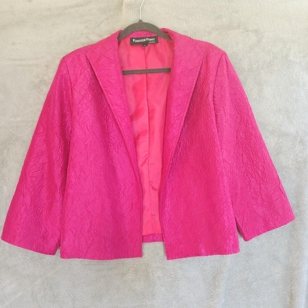 Painted Pony Blazer‎ Lg Pink Crinkle Textured Sheen Open Front Office Colorful